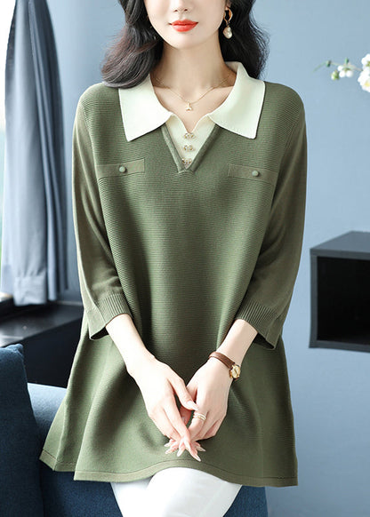 Fashion Green Peter Pan Collar Patchwork Ice Silk Tops Bracelet Sleeve TQ024