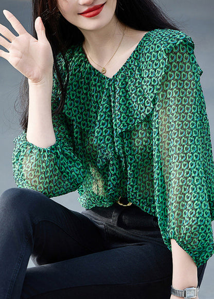 Fashion Green Ruffled Print Chiffon Top Bracelet Sleeve WW017