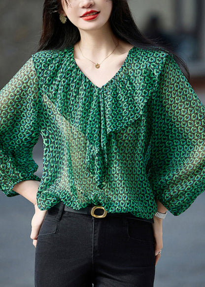 Fashion Green Ruffled Print Chiffon Top Bracelet Sleeve WW017