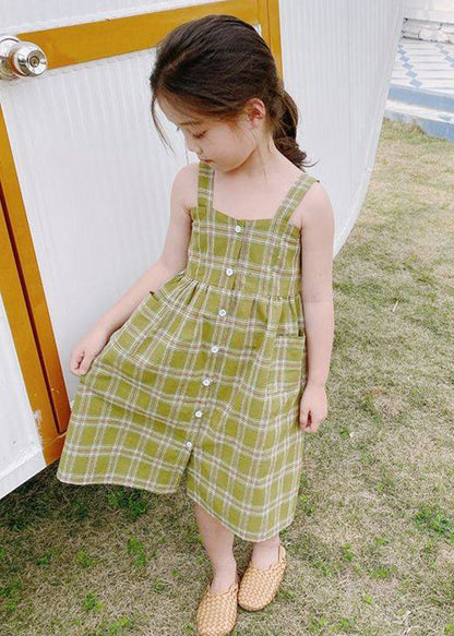 Fashion Green Square Collar Plaid Patchwork Button Girls Long Dress Sleeveless GF011