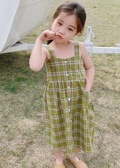 Fashion Green Square Collar Plaid Patchwork Button Girls Long Dress Sleeveless GF011