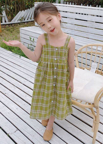 Fashion Green Square Collar Plaid Patchwork Button Girls Long Dress Sleeveless GF011