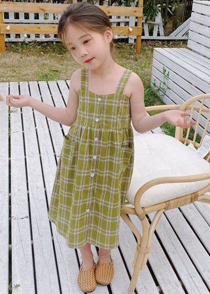 Fashion Green Square Collar Plaid Patchwork Button Girls Long Dress Sleeveless GF011