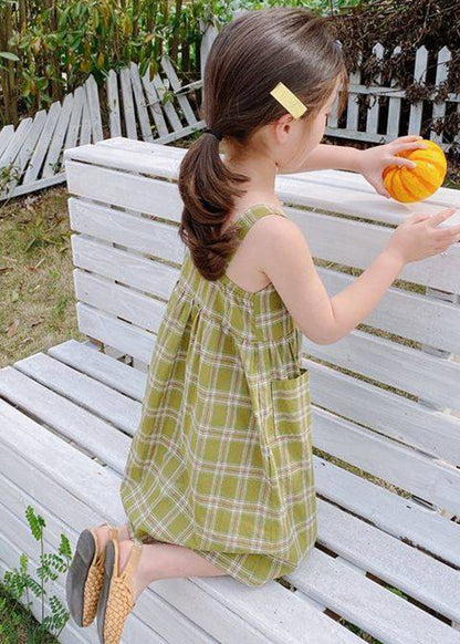 Fashion Green Square Collar Plaid Patchwork Button Girls Long Dress Sleeveless GF011