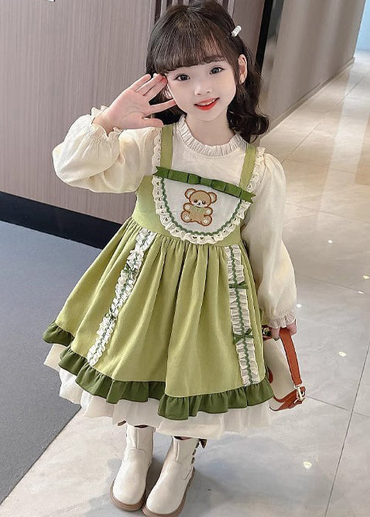 Robe longue verte à col montant et manches bouffantes pour fille, imprimée, tendance, YE028