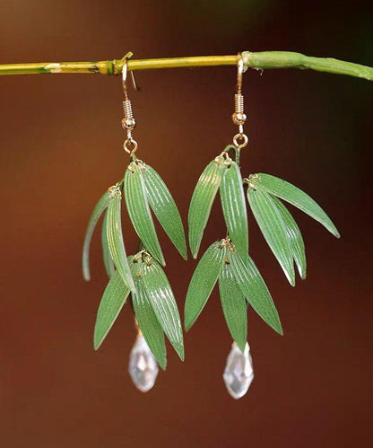 Boucles d'oreilles pendantes en forme de feuille de bambou avec perles surdorées en argent sterling vert ZZ085