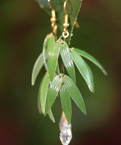 Boucles d'oreilles pendantes en forme de feuille de bambou avec perles surdorées en argent sterling vert ZZ085