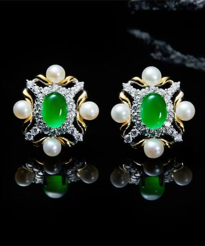 Fashion Green Sterling Silver Overgild Zircon Jade Pearl Stud Earrings AC1081