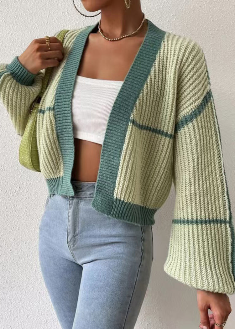 Fashion Green Striped Knit Short Cardigan Fall QY013