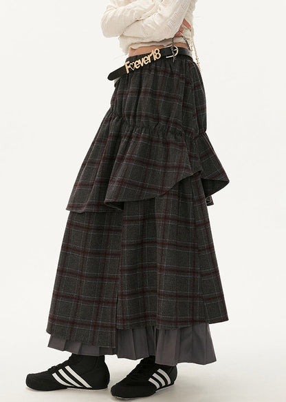 Fashion Grey Plaid False Two Pieces Patchwork Cotton Skirts Fall WP047