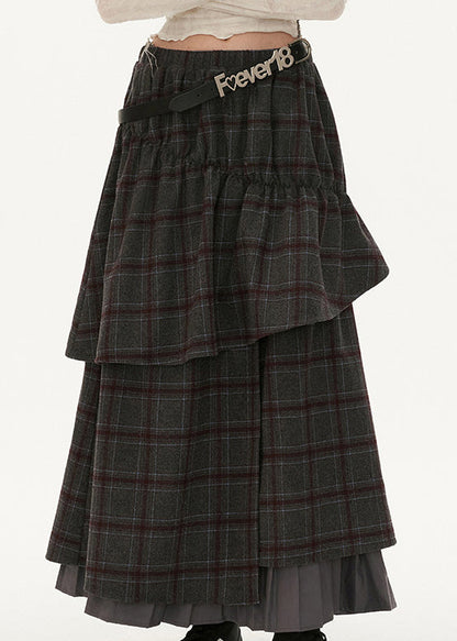 Fashion Grey Plaid False Two Pieces Patchwork Cotton Skirts Fall WP047