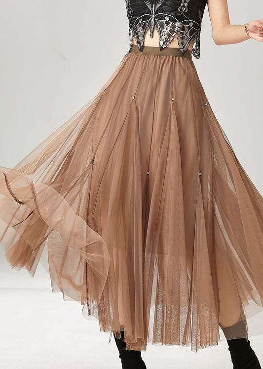 Fashion Khaki Exra Large Hem Nail Bead Tulle Skirts Spring YU1018