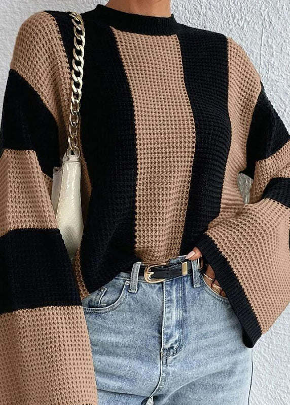 Fashion Khaki O Neck Striped Women Knit Sweaters Fall QY007