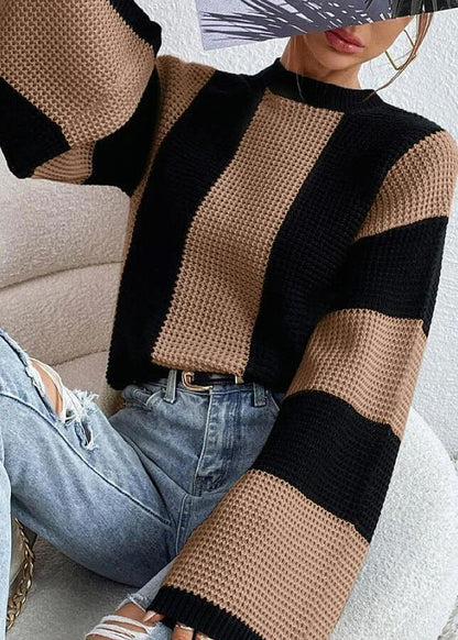 Fashion Khaki O Neck Striped Women Knit Sweaters Fall QY007