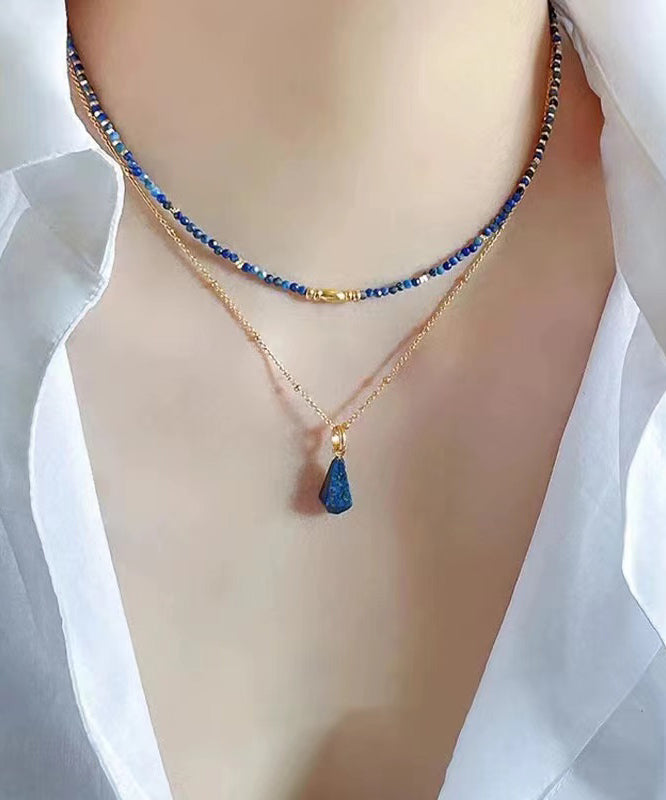 Fashion Klein Blue Sterling Silver Overgild Bluestone Beading Two Piece Set Pendant Necklace PO045