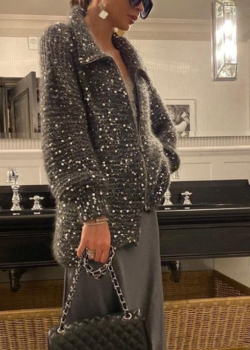 Cardigan en tricot léger camel à paillettes et fermeture éclair, tendance, printemps YY019