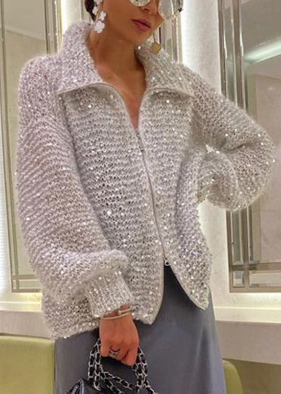 Cardigan en tricot léger camel à paillettes et fermeture éclair, tendance, printemps YY019
