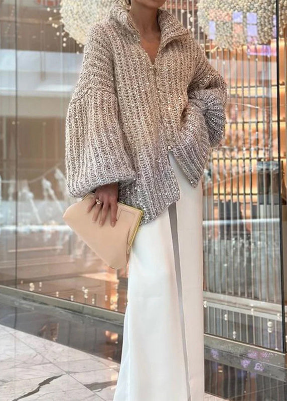 Cardigan en tricot léger camel à paillettes et fermeture éclair, tendance, printemps YY019