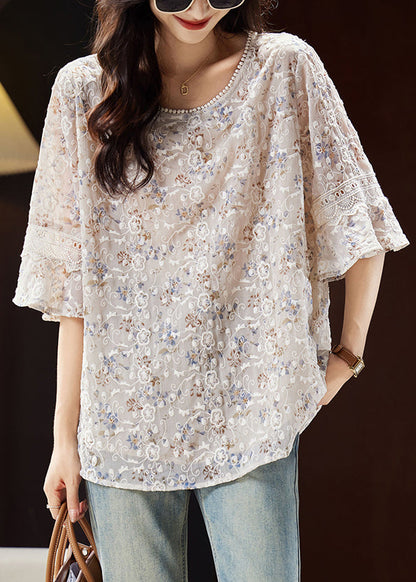 Fashion Light Coffee O-Neck Embroidered Shirts Butterfly Sleeve WW030