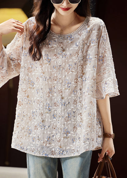 Fashion Light Coffee O-Neck Embroidered Shirts Butterfly Sleeve WW030