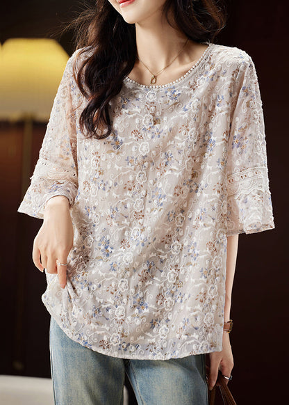 Fashion Light Coffee O-Neck Embroidered Shirts Butterfly Sleeve WW030