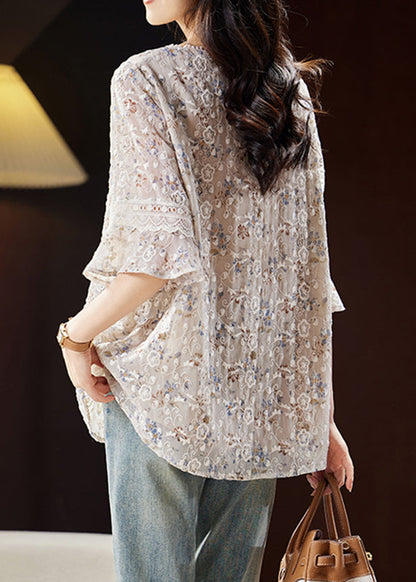 Fashion Light Coffee O-Neck Embroidered Shirts Butterfly Sleeve WW030