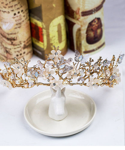 Fashion Light Gold Overgild Crystal Zircon Butterfly Floral Girl Crown IU035