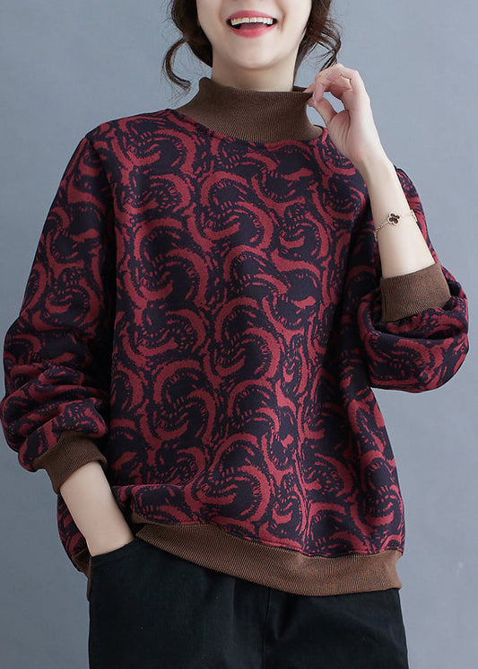 Fashion Mulberry Stand Collar Print Warm Fleece Pullover Streetwear Spring TM010
