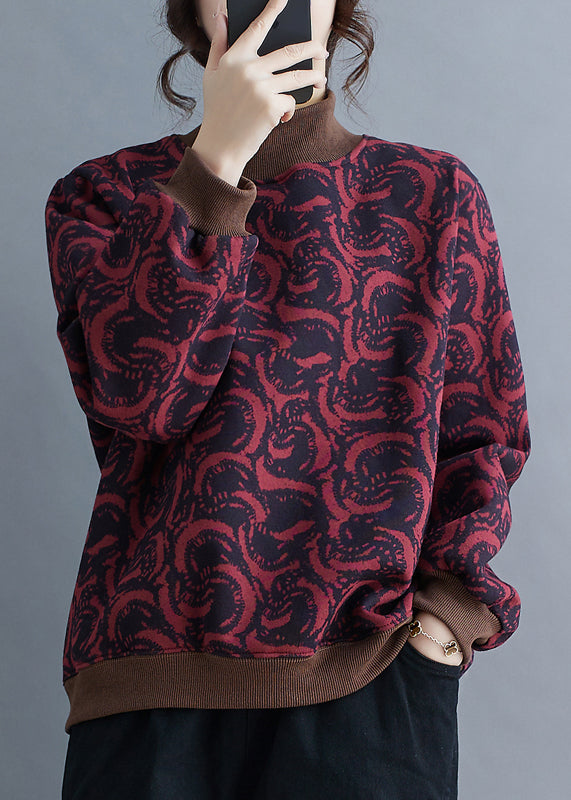 Fashion Mulberry Stand Collar Print Warm Fleece Pullover Streetwear Spring TM010