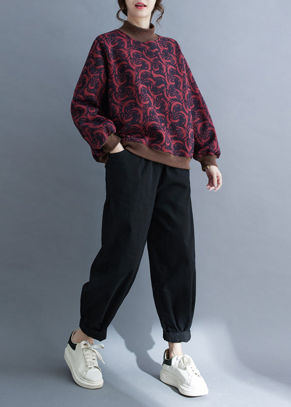 Fashion Mulberry Stand Collar Print Warm Fleece Pullover Streetwear Spring TM010