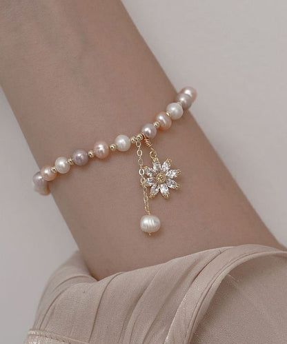 Fashion Multicolour Sterling Silver Overgild Zircon Pearl Sunflower Tassel Charm Bracelet WF020