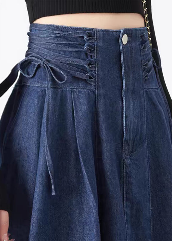 Maxi Frühling Röcke Navy Mode Patchwork Krawatte Taille Denim