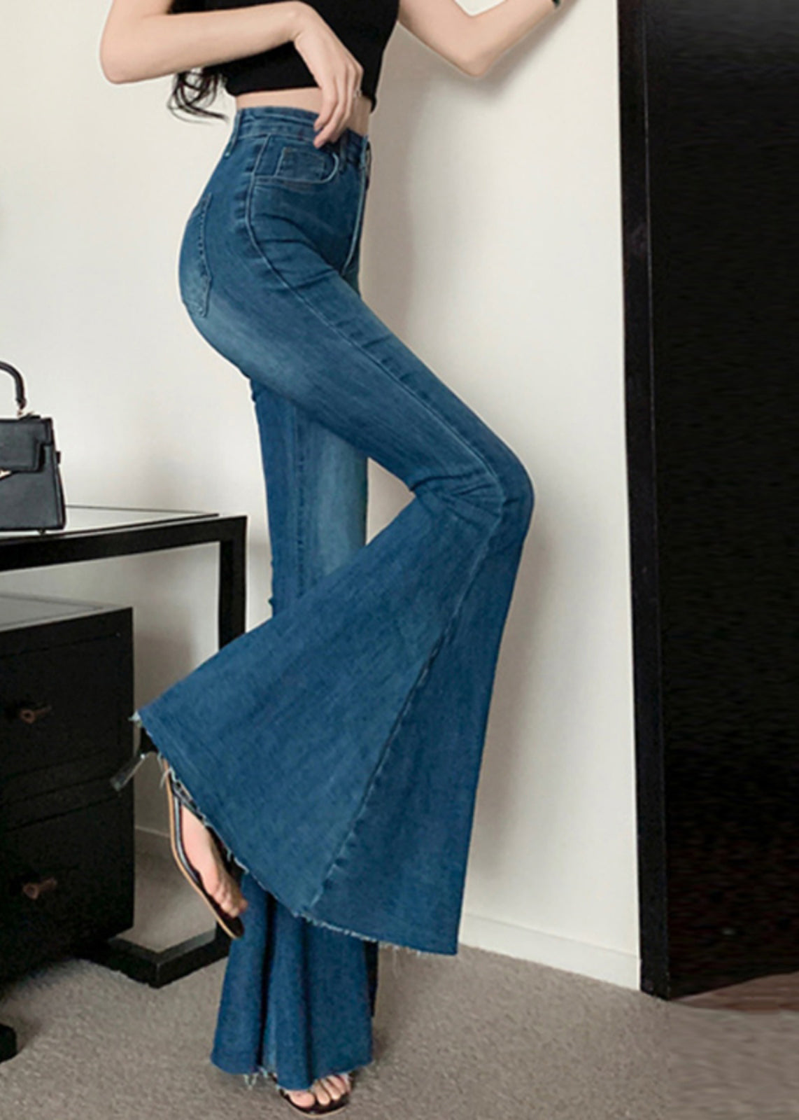 Fashion Navy Tummy Control Denim Bell-bottom Trousers Spring YF032
