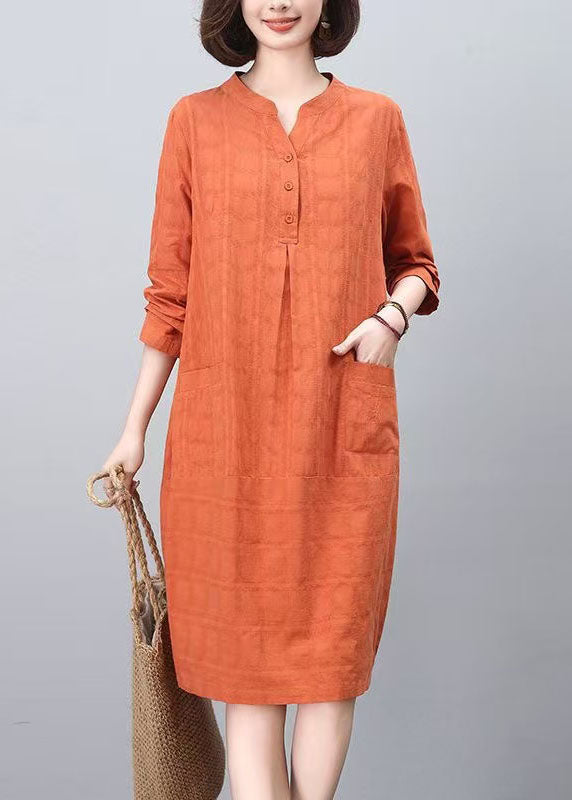 Fashion Spring Collar Cotton Mid Orange Stand Dresses