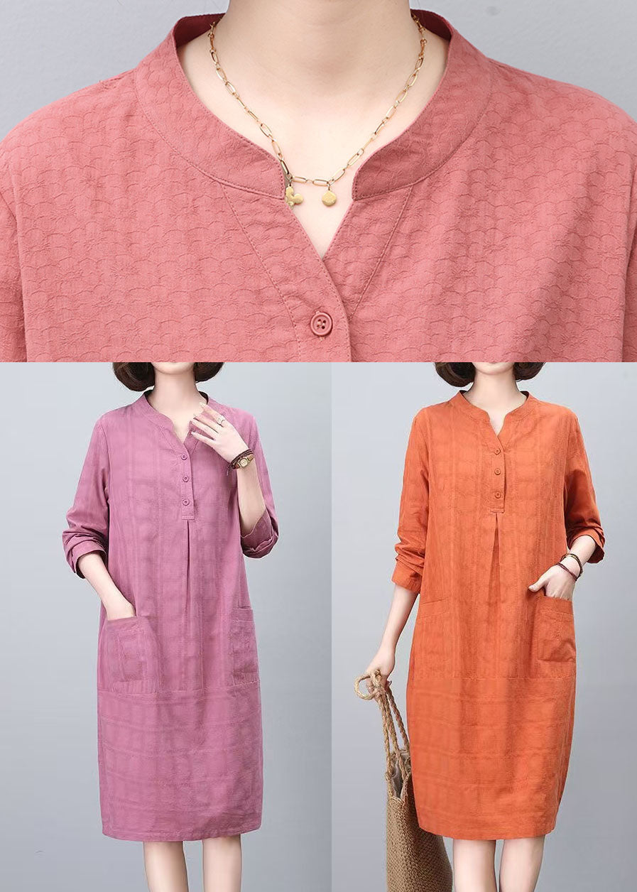 Fashion Spring Collar Cotton Mid Orange Stand Dresses