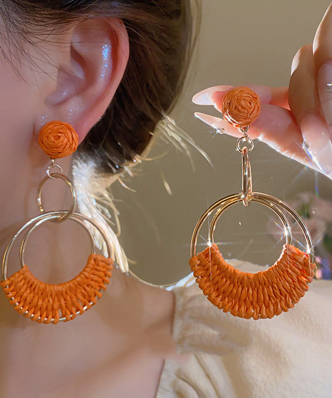 Boucles d'oreilles pendantes en alliage d'argent sterling orange tendance en paille tressée AB1084