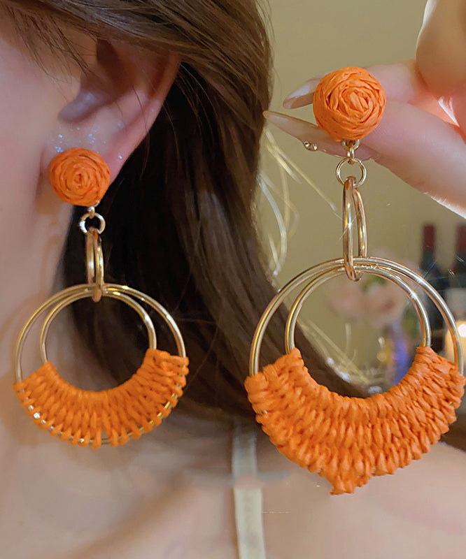 Boucles d'oreilles pendantes en alliage d'argent sterling orange tendance en paille tressée AB1084