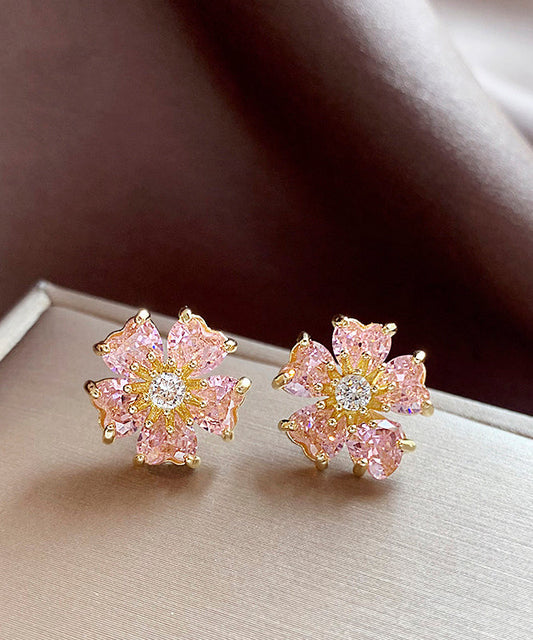 Fashion Pink Copper Alloy Zircon Floral Stud Earrings WH029