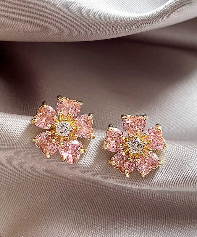 Fashion Pink Copper Alloy Zircon Floral Stud Earrings WH029