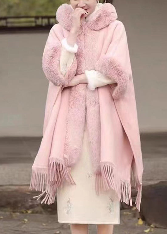 Fashion Pink Fur Collar Tassel Hooded Woolen Coat Fall WO041