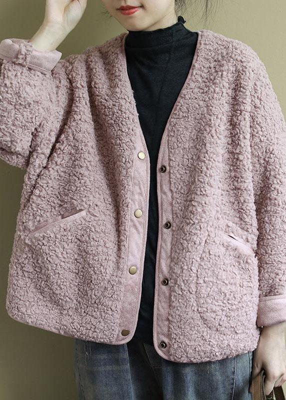 Fashion Pink Pockets Button Casual Fall Winter Thick Coats Long sleeve QS043