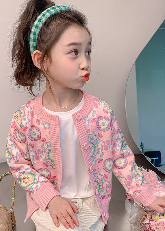 Fashion Pink Print Button Cotton Knit Kids Cardigan Spring TP032