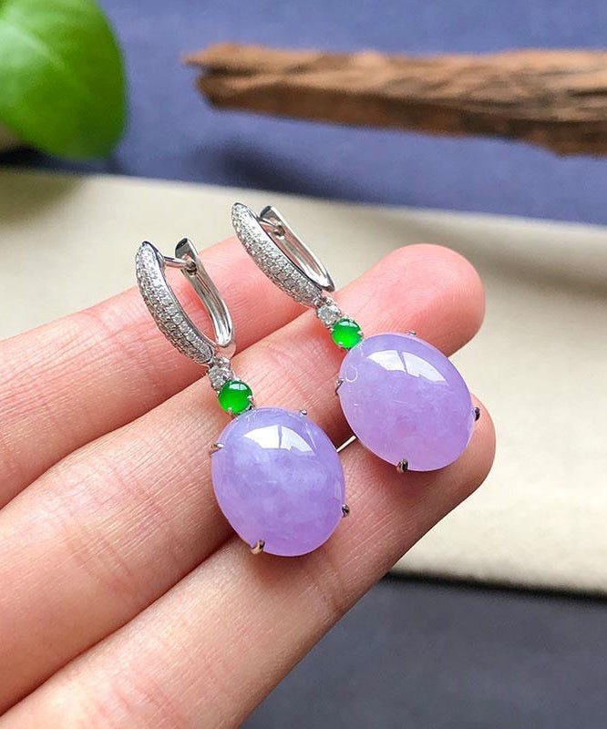 Boucles d'oreilles pendantes en argent sterling violet incrustées de zircons et de jade AC1034