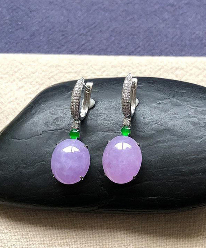 Boucles d'oreilles pendantes en argent sterling violet incrustées de zircons et de jade AC1034