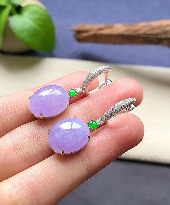 Boucles d'oreilles pendantes en argent sterling violet incrustées de zircons et de jade AC1034