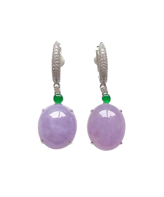 Boucles d'oreilles pendantes en argent sterling violet incrustées de zircons et de jade AC1034