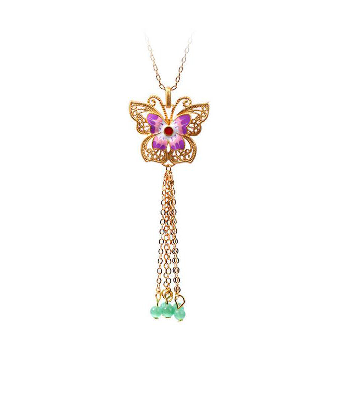 Fashion Purple Sterling Silver Overgild Agate Butterfly Tassel Pendant Necklace KX1063