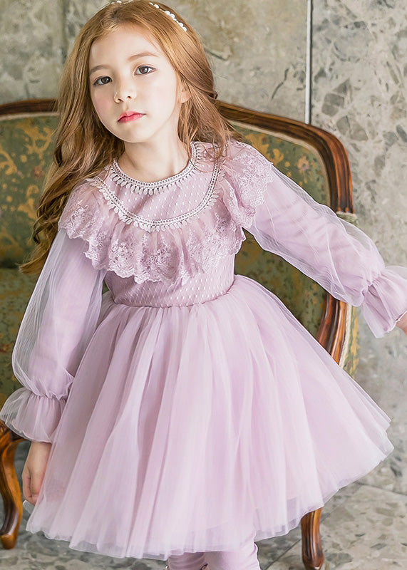Robe longue en tulle polaire chaude violette à manches évasées pour filles TG003
