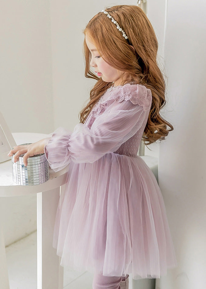 Robe longue en tulle polaire chaude violette à manches évasées pour filles TG003