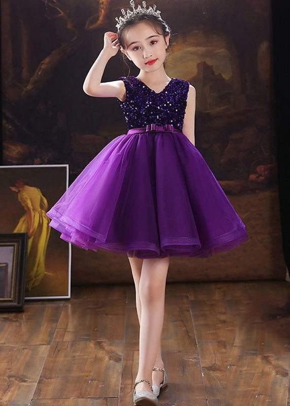 Fashion Purple V Neck Tulle Patchwork Sequins Girls Mid Dress Sleeveless EW005